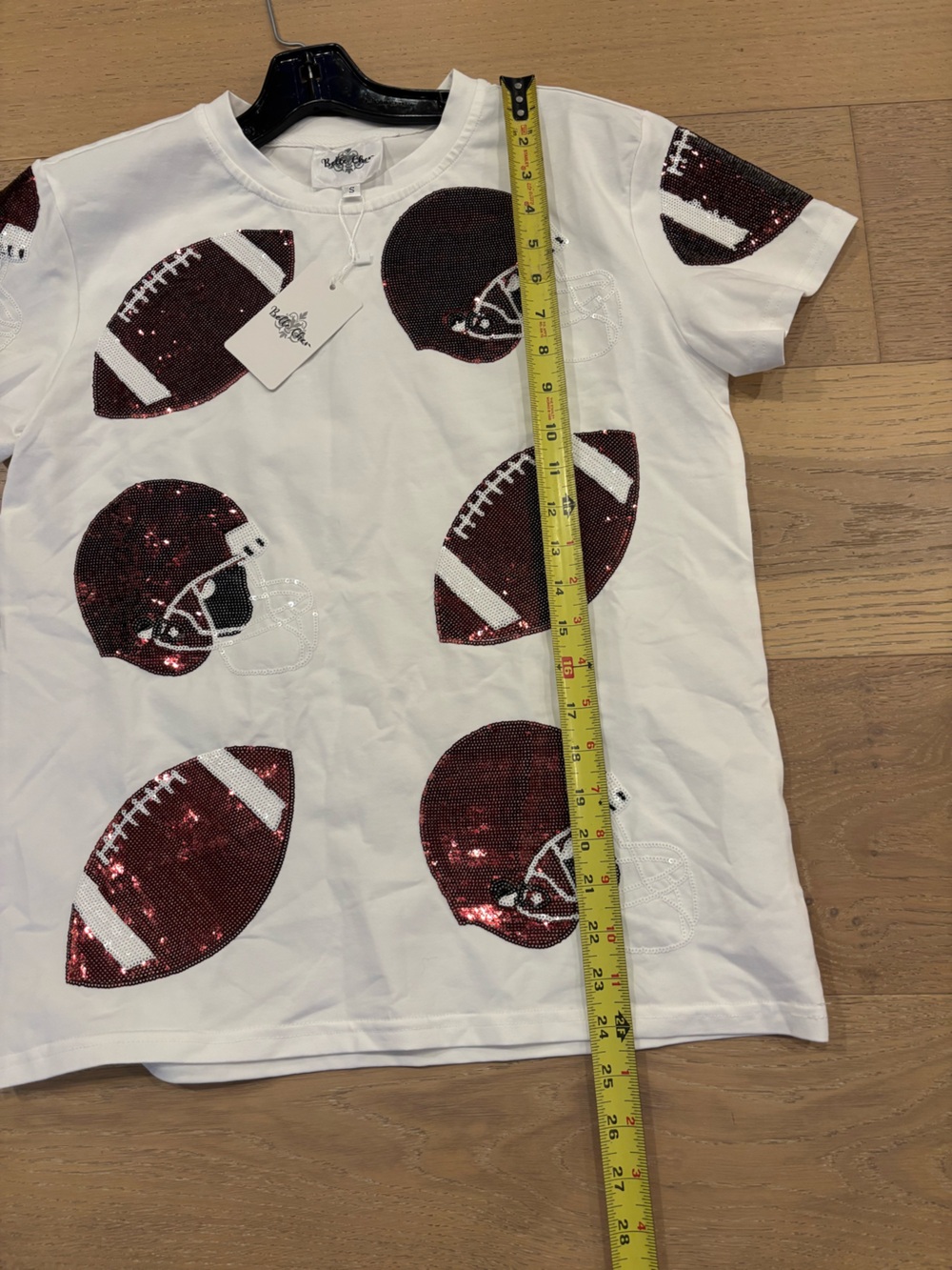 Belle Cher Women’s Sequin Football & Helmet Top Tee Small NWT white Maroon Red - Picture 7 of 7